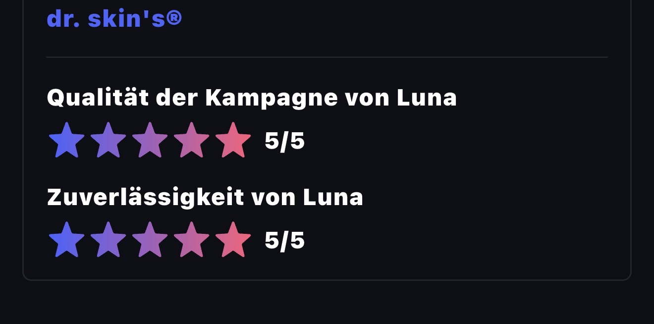 dr. skin’s bewertet Kampagnenqualität und Zuverlässigkeit von Luna jeweils mit 5 von 5
